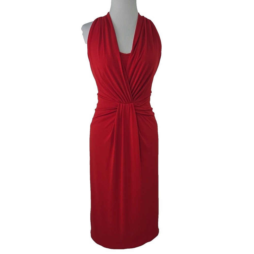 Anne Klein Size 8 Red Sleeveless Faux Wrap Stretch Knit Dress